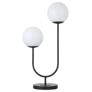 28" Black Metal Two Light Novelty Globe Table Lamp With White Globe Shade