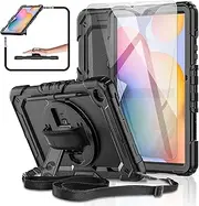 [BASE MALL] Samsung Galaxy Tab S6 Lite Tablet Case 10.4 inch 2022/2020 [with Tempered Glass Screen Protector], Heavy Duty Shockproof Case, Rotatable Kickstand, S Pen Holder, Hand/Shoulder Strap (Black)
