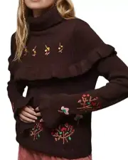 NWT Allison New York x Anthropologie Ruffled Embroidered XS Brown Red Turtleneck