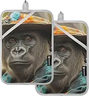 AIXIWAWA Fashion Gorilla Pot Holders 2 Pack, Insulated Heat Resistant Hot Pads Oven Mitts with Pocket for Kitchen Cooking Baking 7x9.8 inches