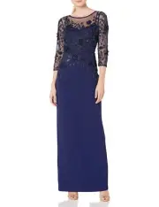 Adrianna Papell Women's Beaded Illusion Column Gown, Light Navy, 6