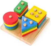 Wooden Stacking Montessori Toys by Boxiki Kids. Colorful Shape Sorter Stacker. Baby Wooden Toys for Early Development & Fine Motor Skills (Geometric 4 - Shapes)