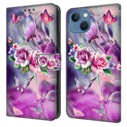 For iPhone 14 PU Leather Case 3D Pattern Printed Stand Flip Wallet Phone Cover/Flowers