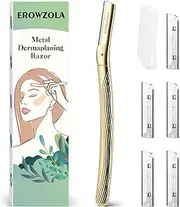 EROWZOLA Dermaplane Razor for Women and Men, Eyebrow Razor with Precision Cover, Peach Fuzz Dermaplaning Tool, Exfoliating Facial Razor Reusable Metal Handle with 6 Blades - Royal Gold