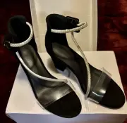 NIB Women's Ankle Lace Up Sandals, Silver Accents, Block Heel, Rounded/Open Toe