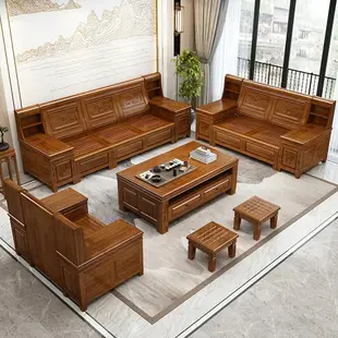 香樟木全實木沙發組合新中式仿古典雕花轉角貴妃客廳儲物木質家具