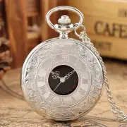 Women Mens Silver Quartz Pocket Watches Fob Chain Half Hunter Black Dial Watches