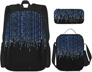 [StOlmx] 3 Pcs Set Backpack,Waterproof Bookbag, Insulated Lunch Bag & Pencil Case Pouch, Travel,Hiking,The Blue Binary Print, The Blue Binary, One Size