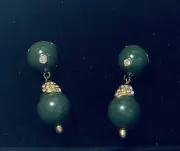 Signed Joan Rivers vintage Lucite Jade Ball ￼& Crystals pierced earrings New