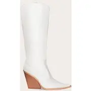 Cream Faux Suede Point Toe Western Knee High Heeled Boots, Cream