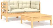 vidaXL Solid Pinewood Garden Lounge Set with Cream Cushions, 3-Piece Outdoor Furniture Combo with Table/Footstool and Corner Sofas