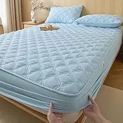 Lozenge Quilted Waterproof Mattress Protector Breathable Bed Topper Cover Noiseless Comfort Bed Pad Cover Soft Elastic Fitted Sheet-Blue||Single 35x79inch