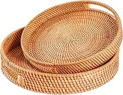 FIYAMMY Large Round Rattan Serving Tray Set of 2, Woven With Handles, Wicker Fruit Bread Basket for Coffee Table (13.8in x 2.8in; 11.8in x 2.4in)