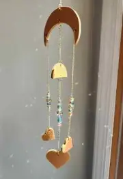 Moon Mobile Suncatcher with Hearts Gold Chain & Crystals