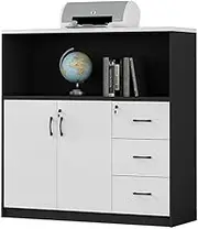 File Cabinet Wooden File Cabinet White + Black Double Door with Three Drawers Storage Data Cabinet Office Drawer
