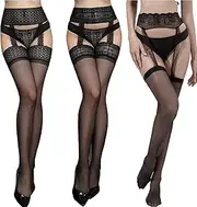 [SongGelon] Women's Lace Suspender Pantyhose Stocking Fishnet Thigh High Stocking Over Knee Silky Stockings
