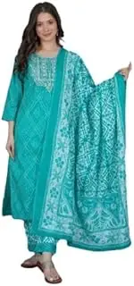 [Aizza Trends] Women's Cotton Hand Embrodiery and Sequins Work Straight Kurti Afghani Pant With Dupatta Set