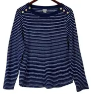 New Chicos Sz 2 (Large 12 14) Shirt Top Tee 100% LINEN Stripe Navy Blue Knit m