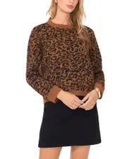 Vince Camuto Leopard Print Long Sleeve Crewneck Sweater