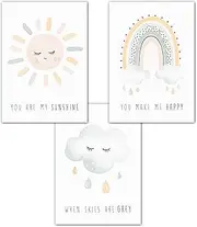 Lemmami Stationery Set of 3 Wall Pictures Children's Room Baby Room Poster Pictures DIN A4 Girls Boys Boho Decoration Rainbow Sun Cloud (Set of 3 Pictures Set Pink Blue, Pastel, Wall Decor)