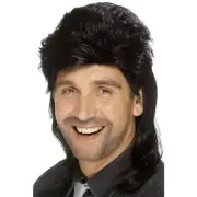 Mens Hillbilly 80s Black Mullet Wig
