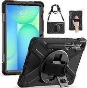 ZenRich Case for Samsung Galaxy Tab S10 FE / S9 FE 10.9 inch 2025, Shockproof Rugged Case with Rotating Kickstand Hand Strap Pen Holder Shoulder Belt for S9/S8/S7 11 inch Tablet-Black