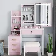 Exquisite Modern Vanity Set with LED Light Strip and Mirror Dressing Table with Stool and 3 Open Bedroom Vanity Desk for Women 31.5" x 14.2" x 51.6"