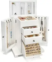 Women Rustic Wooden Jewelry Box & Organizer with Mirror 4 Layer Weathered White
