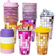 FZR Legend Disco Party Favors Goodie Cups, 24 Pack Party Decorations in 4 Colors, 16OZ Reusable 70s 80s Bachelorette Party Supplies Plastic Cups With Lids Plugs