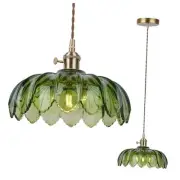 Vintage Green Glass Pendant Light Fixture with Switch, Gold Hanging Lamp for