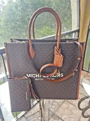 Michael Kors Mirella Large North South Tote Bag+Double Zip Wristlet Wallet-Brown