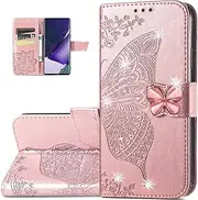 Dinglijia Wallet Case for Samsung Galaxy A14 5G, Butterfly Pattern PU Leather Case with Magnetic Clasp and Cash Card Holder Cover for Galaxy A14 5G Rhinestone Rose Gold