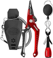 SAMSFX Locking Aluminum Fishing Pliers Saltwater Braid Line Cutting Split Ring Pliers with Coiled Lanyard, Sheath, Quick Knot Tying Tool and Zinger Retractor