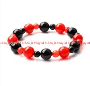 Natural 6mm+10mm Black &Red Agate Gemstone Round Beads Elastic Bracelet 7.5"