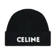 Celine Paris Black White Logo Laine Knit Wool Embroidered Beanie Cap Winter Hat