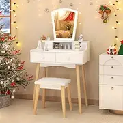 Giantex Vanity Desk Set with Lighted Mirror, Dressing Table with 3-Color Adjustable LED Lights, Drawers and Solid Pine Wood Legs, Makeup Table and Stool Set for Bedroom, White