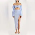 Rumer The Label x Revolve Blue Linen Resortwear Camille Top/Skirt Set Large