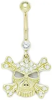 [Generic] 14ct Yellow Gold CZ 14 Gauge Dangling Skull Religious Faith Crossbones Body Jewelry Belly Ring Measures 35x18mm Jewelry Gifts for Women