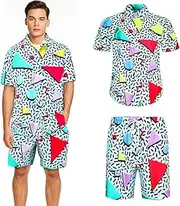 SlowTon Men's 80s 90s Outfit Retro Shirts and Shorts Set - 2 Piece Hawaiian Beach Tracksuit Shirt Shorts 80s Mens Outfit for Disco Party