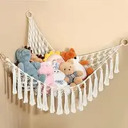 Stuffed Animal Toy Hammock Corner Organizer Display Rack - Bohemian Net Bag For Hanging Toys - 44 In Tassel Storage Rack