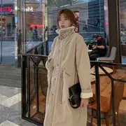 Stand Collar Plain Fleece-Lined Midi Zip Parka With Lining - Khaki - M