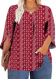 [ForHailey] Womens Plus Size 3/4 Sleeve Blouse Summer Dressy Shirts V Neck Tunic Casual Loose Flowy Tops