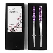 Cherry Blossom Rainbow Chopsticks Metal Chopsticks Reusable Designed in Korea Japanese Style Stainless Steel 316 18/10 Non-Slip Dishwasher Safe (Purple - 2 Pairs)