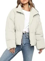 [Polu] Women's Winter Cropped Puffer Jacket Oversized Long Sleeve Full Zip Puffy Coat Warm Quilted Jacket with Pockets