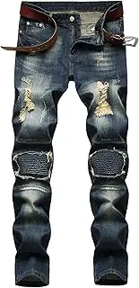 [Generic] Streetwear Patchwork Pleated Stretch Jeans Comfortable Jean Pant Big and Tall Casual Leg Denim Pants for Men