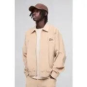 Mens Sand Oversized Boxy Varsity Badge Corduroy Bomber Jacket