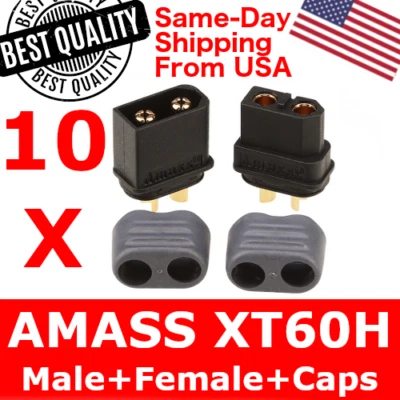 10 pairs AMASS XT60H Connector Plug 3.5mm Gold Plated Plug Black Lipo W/ Caps