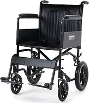 Equipmed Folding Transit Manual Wheelchair, Attendant Propelled, Steel Frame, Wide Seat, Comfortable for S-XL, 114kg Capacity, Park Brakes, Transport