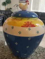 New Demdaco Belle du Jour Ceramic COOKIE JAR Rooster Floral 2006 Dana Simson