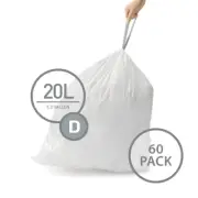 simplehuman BIN LINERS 20L 60-Pieces Code-D Thick Double Seams, Drawstring